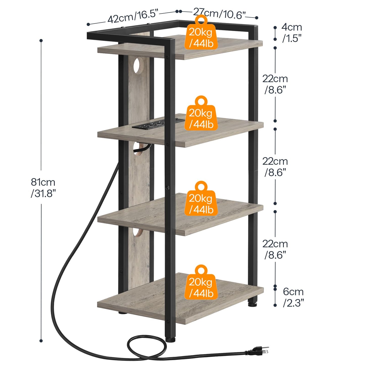 HOOBRO 4-Tier AV Media Stand, Media Console with Charging Station and LED Light, Wooden Stereo Cabinet, Corner TV Stand, Record Player, Entertainment Device Stand, BG38UDCJ01