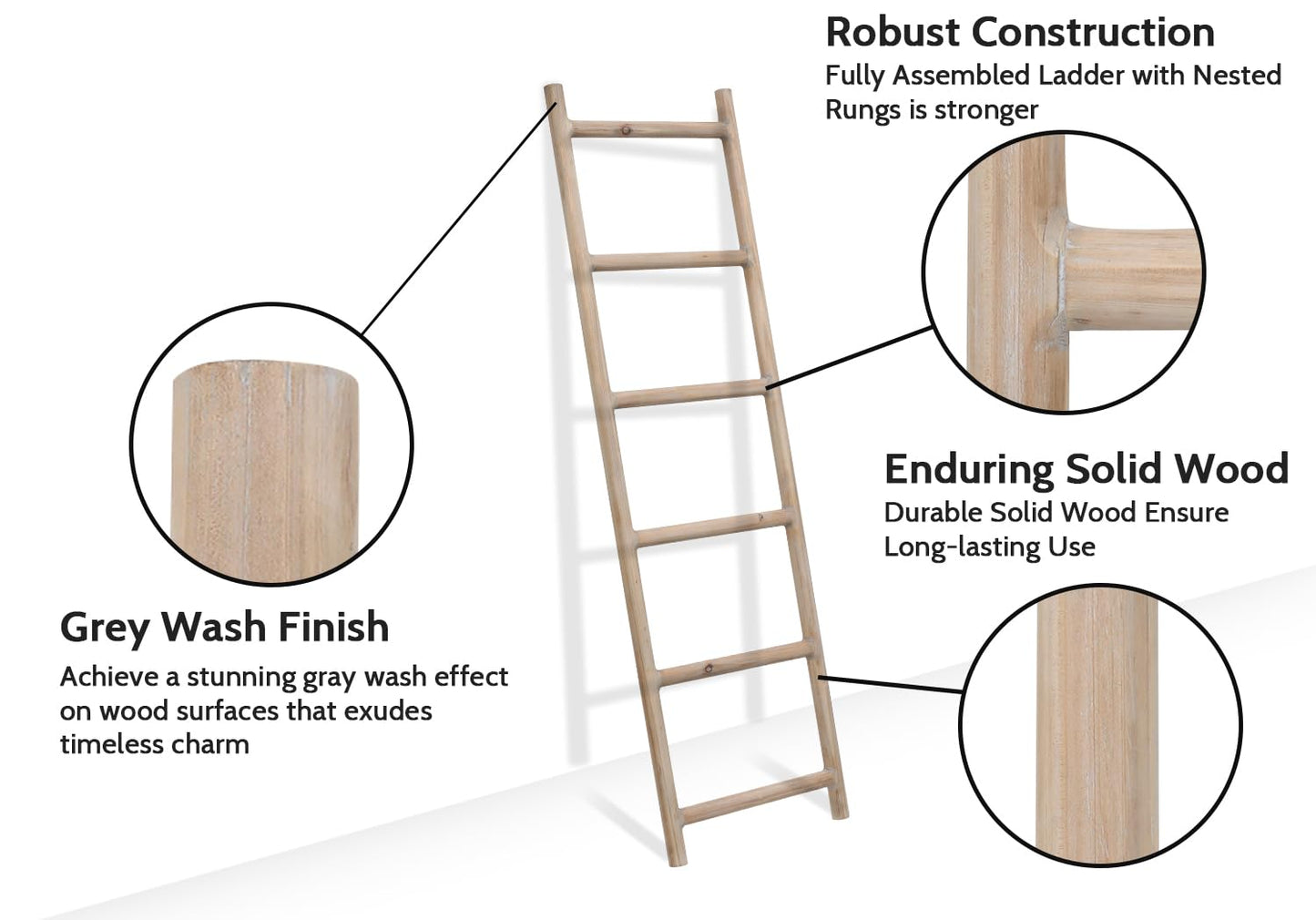 SwallowLiving Fully Assembled 6ft Farmhouse Wood Blanket Ladder Living Room Decorative Wall Leaning Quilt Display Holder Rustic Wooden Towel Rack for Bathroom, Natural & Graywashed
