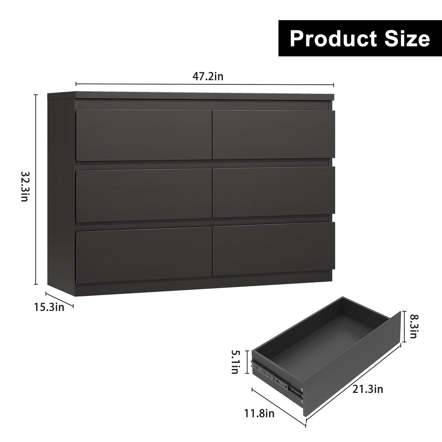 Jocoevol Modern 6 Drawer Dresser Black Dresser for Bedroom, Simply Chest of Drawers, Wood Storage Dresser with Deep Drawers for Living Room Hallway Entryway, Black