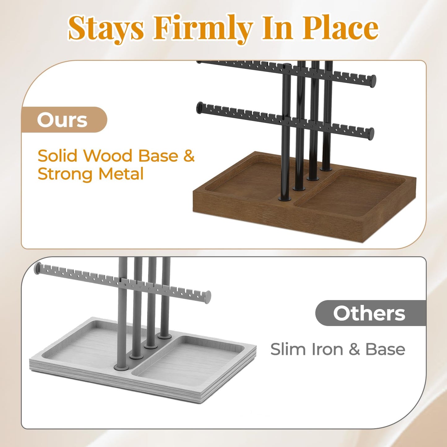 EsLuker.ly Necklace Earring Holder Organizer Display, Adjustable Jewelry Tree Stand with Stable Wooden Storage Base for Women Vendors, 6 Tier Large Bracelet Bangle Rack Tower, Stress-Free Mornings