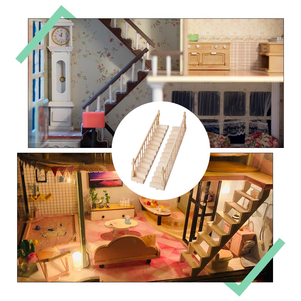 DICOSMETIC 2 Sets 2 Styles Miniature Dollhouse Stairs 1:12 Scale Wooden Stairs Miniature Ornaments with Single Left Right Handrail Dollhouse Furniture Model for Scene Landscape Decor