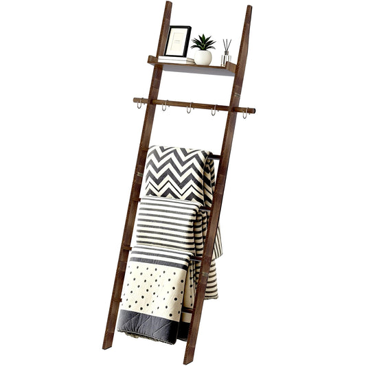 Chilinii Farmhouse Wooden Blanket Ladder with Shelf,6-Tier Rustic Quilt Towel Rack Decorative Holder Wall Leaning Storage with Removable Hooks for Home Living Room Bedroom Decor Brown