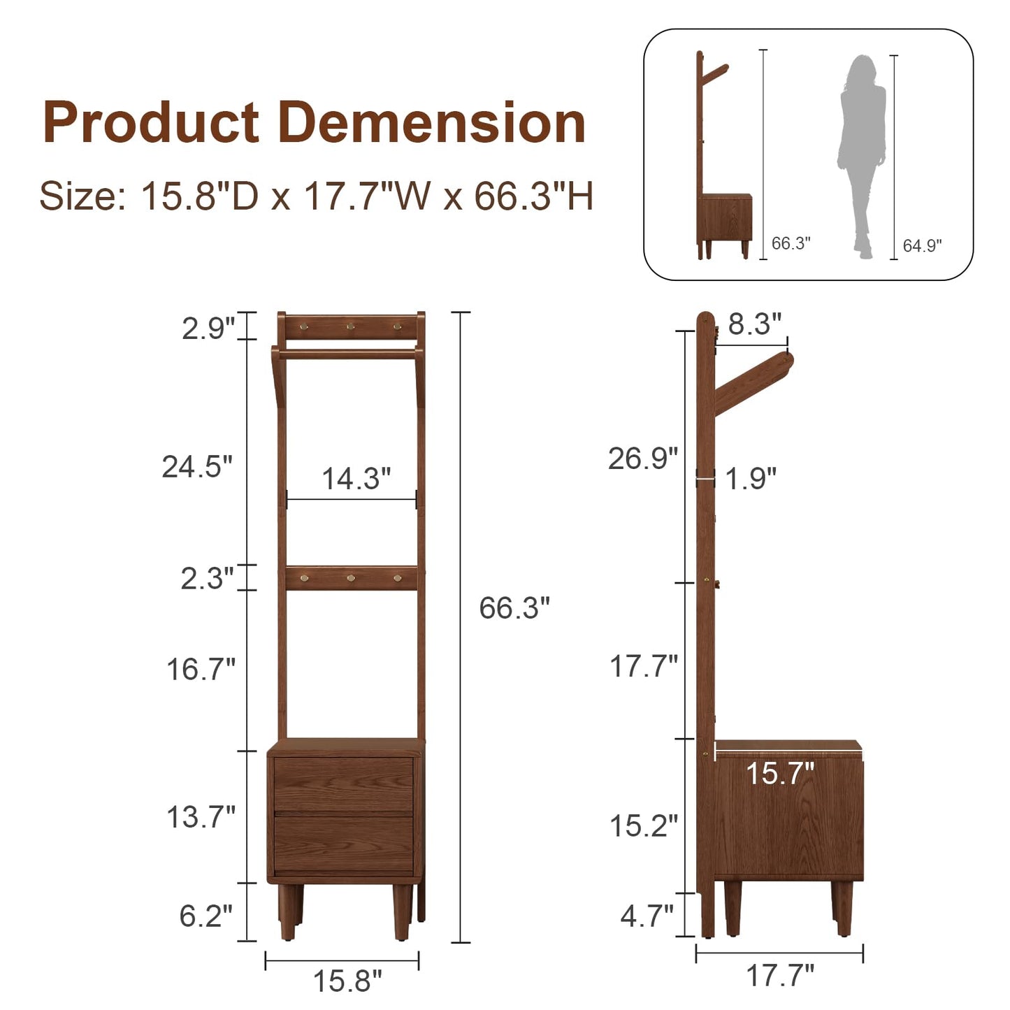 Solid Wood Coat Rack Freestanding,Standing Coat Rack with 2 drawers,Clothing Racks for Hanging Clothes,Narrow Hall Tree with Storage,Walnut Nightstand with 6 Coat Hooks for Bedroom Entryway Corner