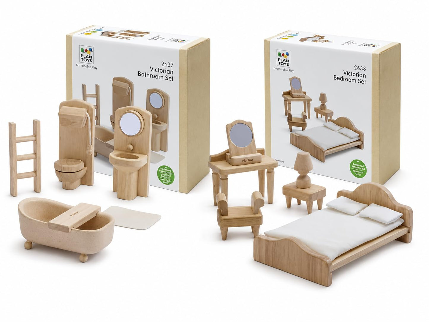PlanToys® Wooden Victorian Bathroom & Bedroom Dollhouse Furniture Set | Montessori 1:12 Scale Pretend Play Bundle for Daily Routines, Self Care, Rest & Eco Friendly Storytelling Play