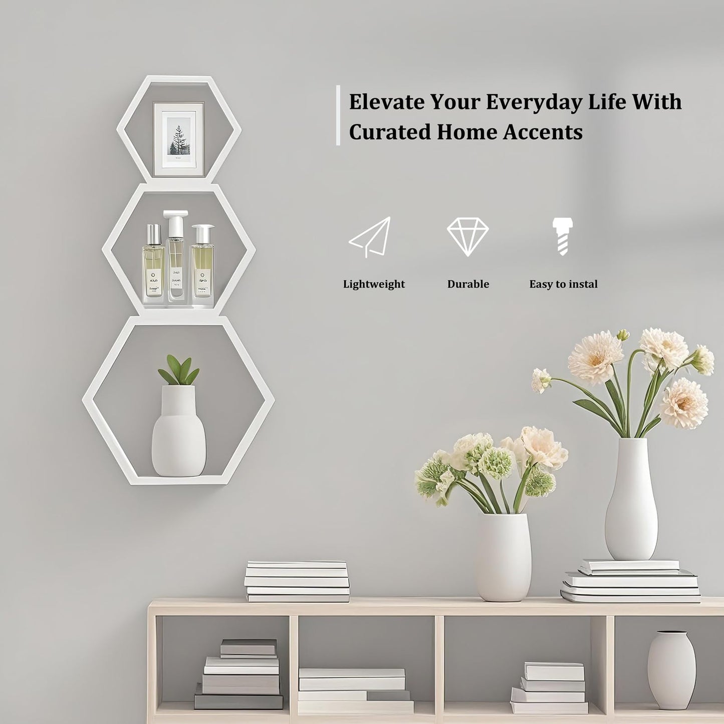 ZGZD Set of 3 White Wooden Hexagon Wall Shelves - Modern Decorative Storage for Home, Kitchen, Office Stylish Floating Shelves for Small Plants, Books, and Decor