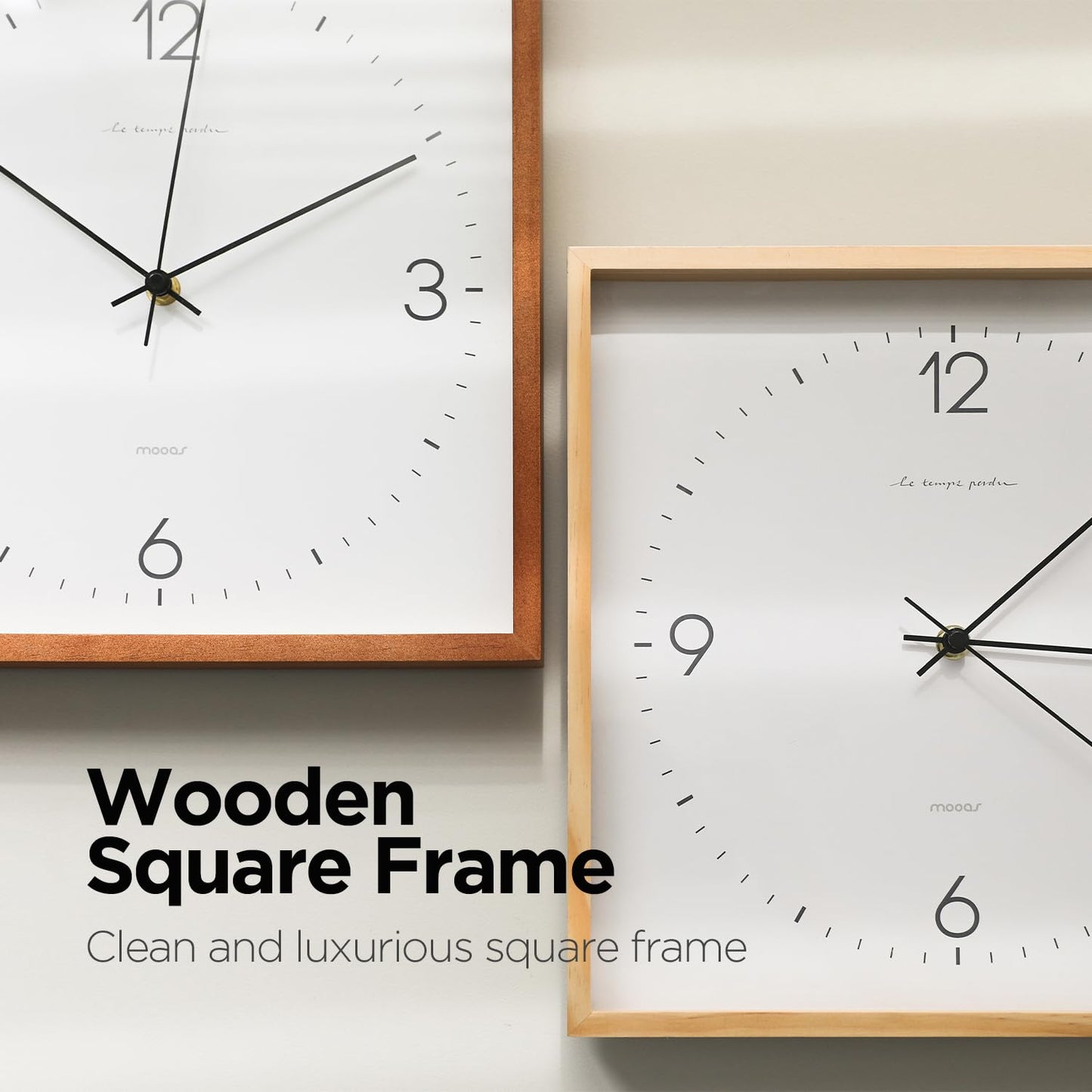 mooas Wooden Frame Flatwood Wall Clock,12" Non-Ticking Sweep Movement Decorative Battery Operated Wall Clock for Home Living Room Kitchen Bedroom Office School (Dark Brown)