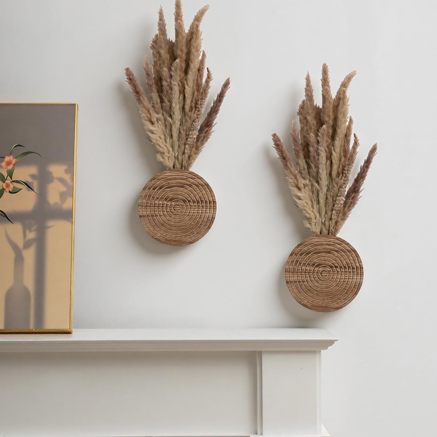 Teecyhooo 2 Pack Round Wooden Wall Vase Indoor Plants Hanging Boho Modern Farmhouse Wall Art Decor for Living Room, Bathroom Entryway, Hallway Fake Flower Plants