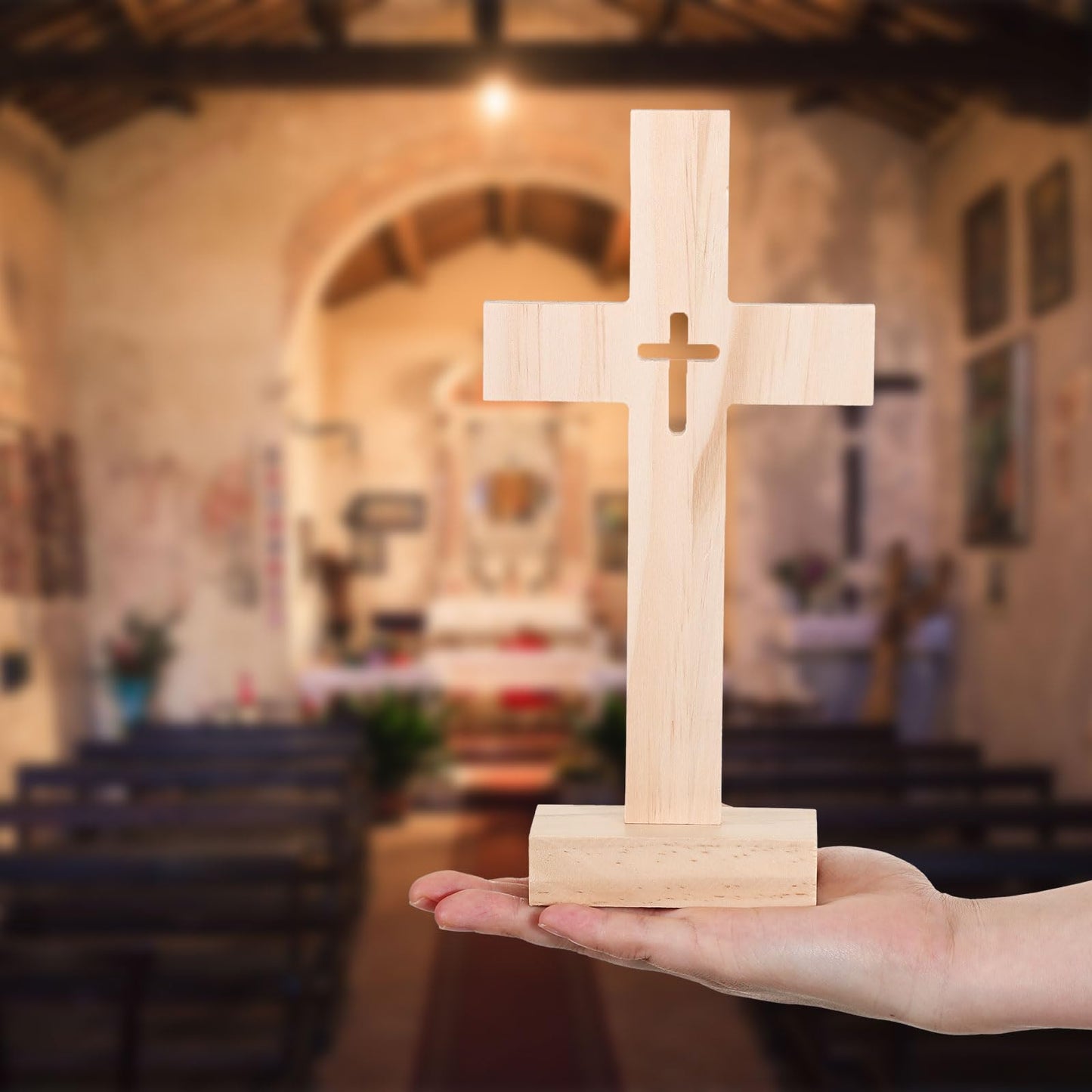 Suzile 12 Pieces Christmas Nativity Wooden Cross Unfinished Wood Tabletop for Crafts Standing Centerpieces Easter Church Sunday School First Communion Baptism Decorations (Hollow Out)