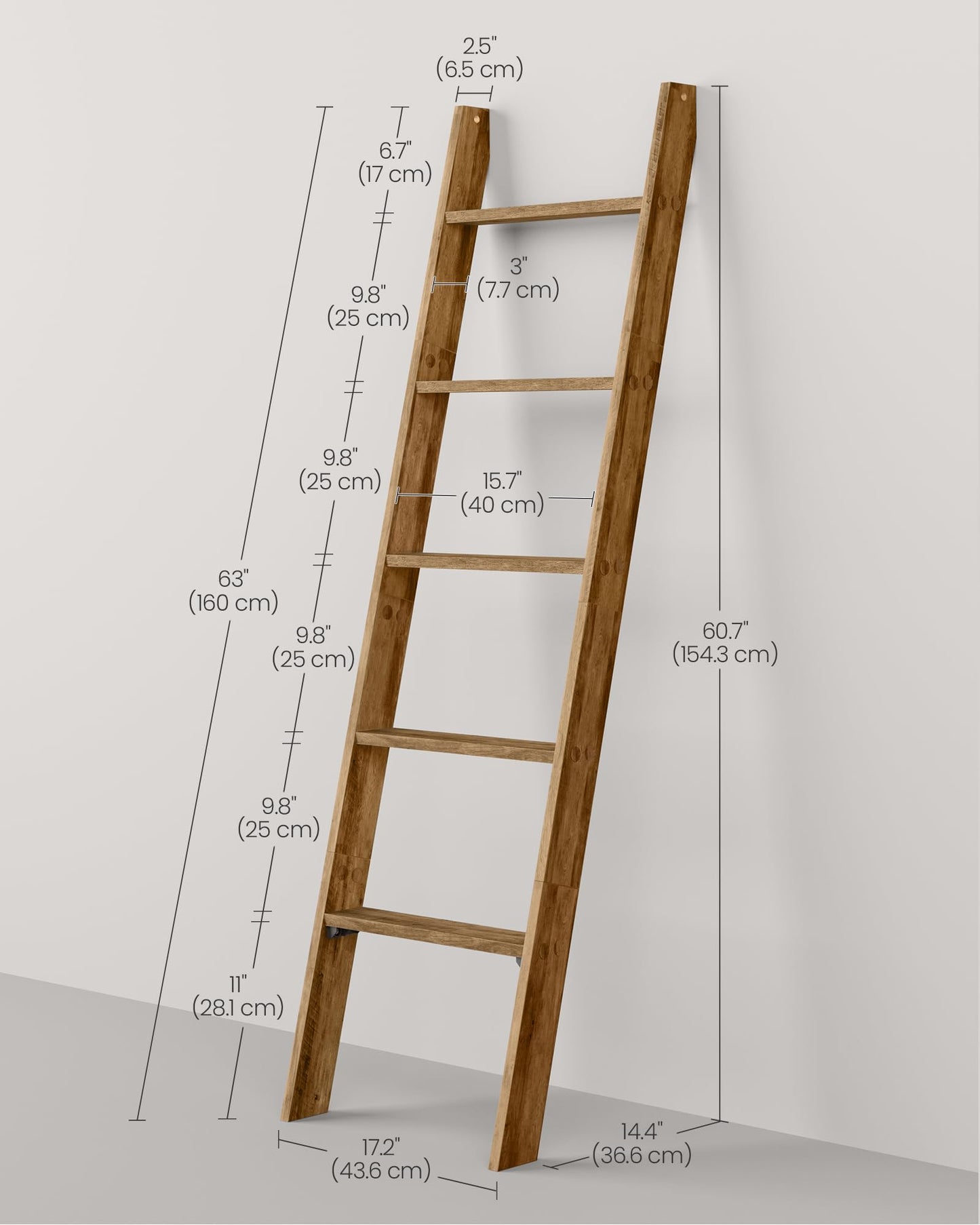 VASAGLE CUSTOS Collection - Blanket Ladder Decorative Farmhouse for the Living Room, 5-Tier Ladder Shelf, Ladder Rack for Storage and Decor, Honey Brown ULLS018K41