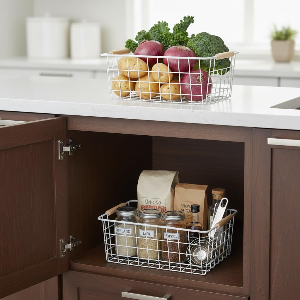 HDYOUDO White Metal Wire Food Storage Basket with Wooden Handles for Organizing Snack Basket,Pantry Organizers and Storage for Kitchen Cabinets 4 Pack (Medium)