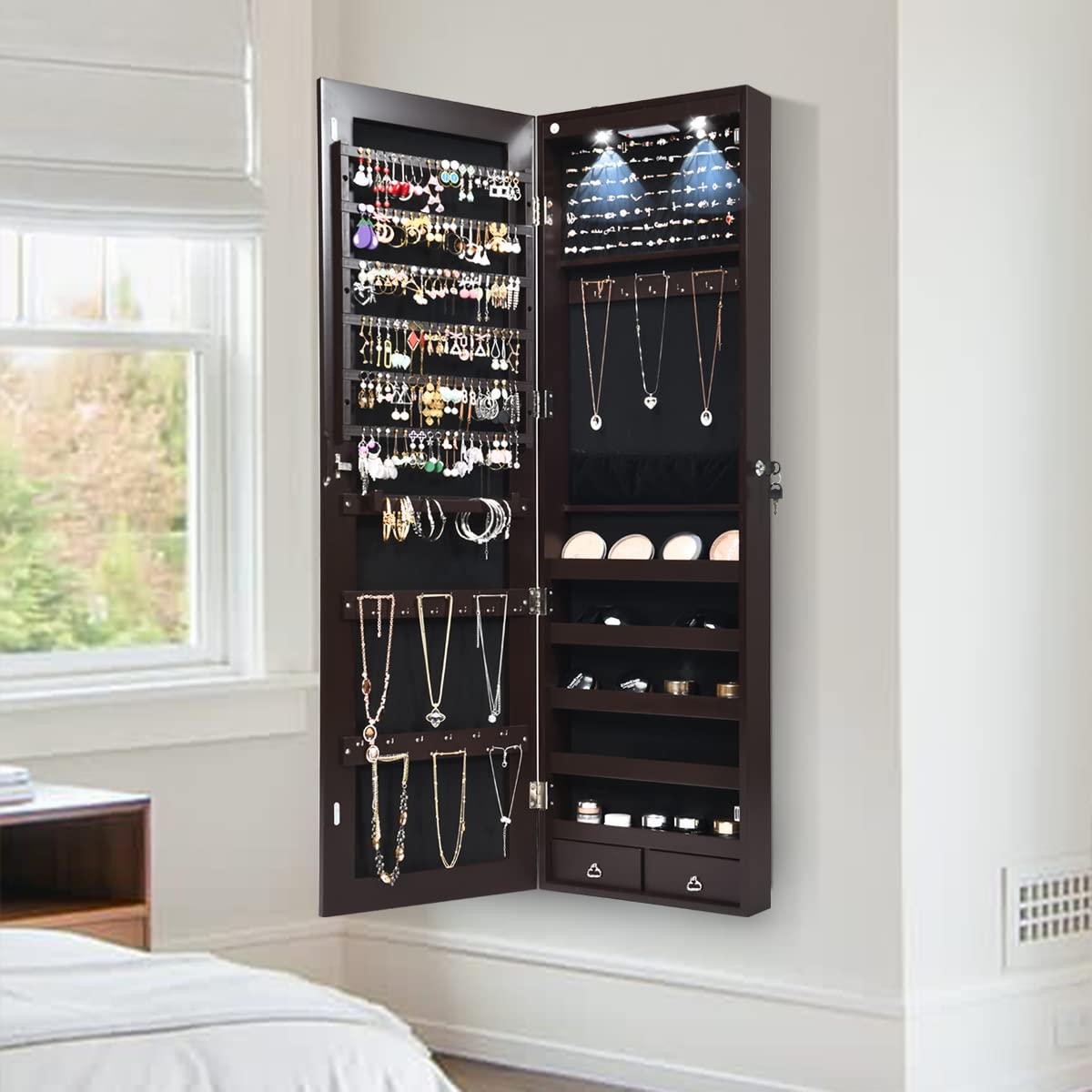 OFFICEJOY Wall/Door Mounted Jewelry Armoire w/Full-Length Mirror & LED Lights, Lockable Jewelry Armoire Mirror Organizer, Jewel Storage Hanging Cabinet w/Scarf Rod, 36 Hooks, 1 Makeup Pouch (Coffee)