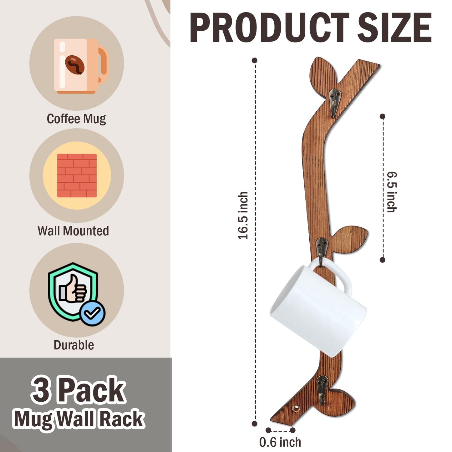 MSHUNKEJI 3 Pack Wood Coffee Mug Wall Rack with 9 Hooks Wall Mount Coffee Cup Holder Wooden Espresso Cup Holder Tree Brown Mug Stand Display Wall Mounted Cup Drying Rack for Kitchen Cafe