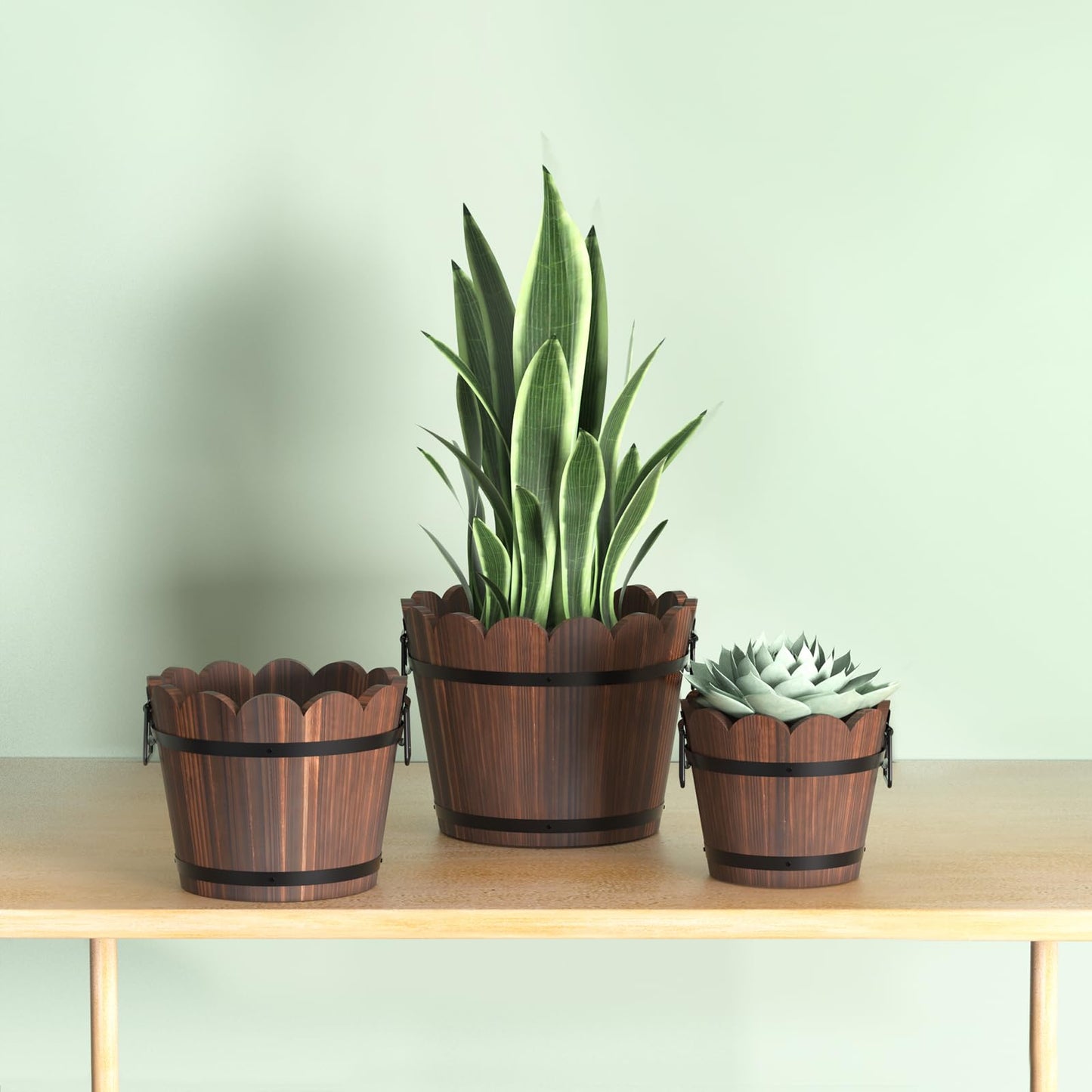 HakkaGirl Wooden Bucket Barrel Planters, Rustic Patio Planters Flower Pots for Plants Indoor Décor, Set of 3