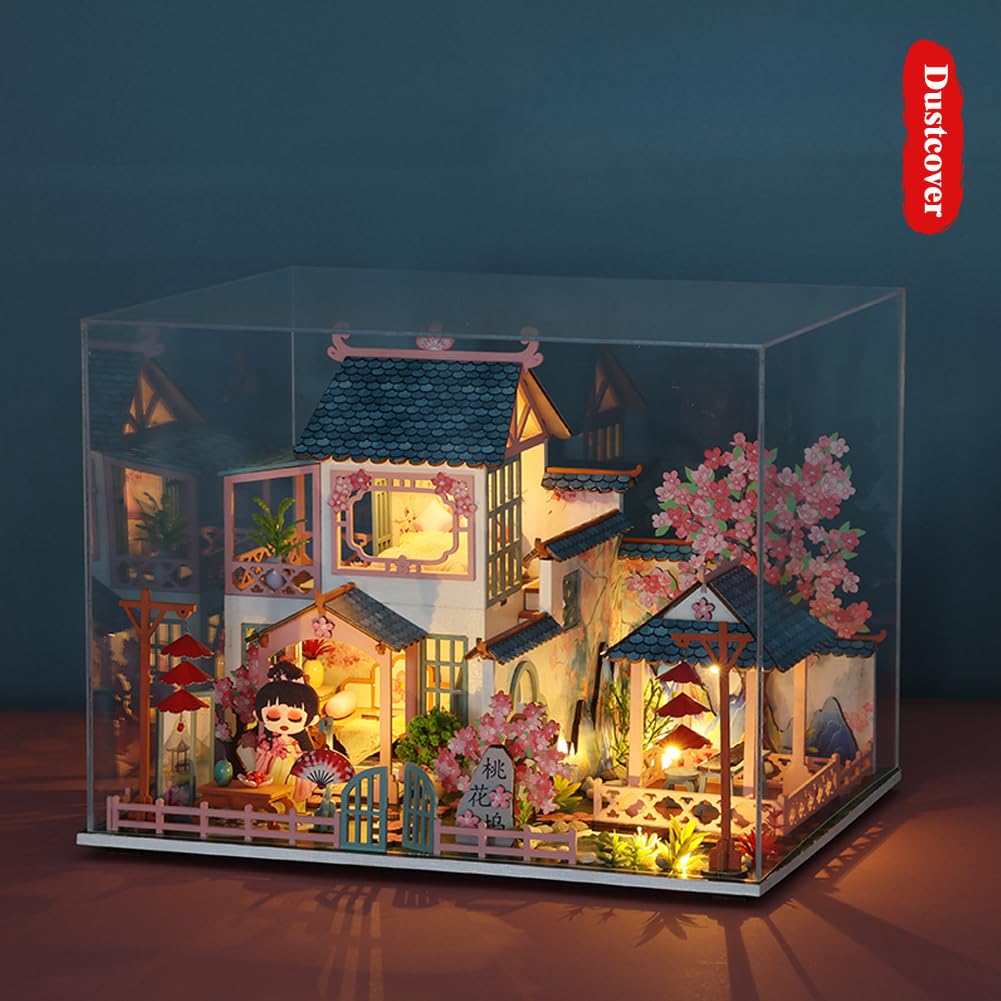 Yuzhen DIY Miniature Dollhouse with Furniture and LED Lights, Ancient Style Wooden Mini-House Includes Dustcover and Music Movement, Exquisite Home Decor