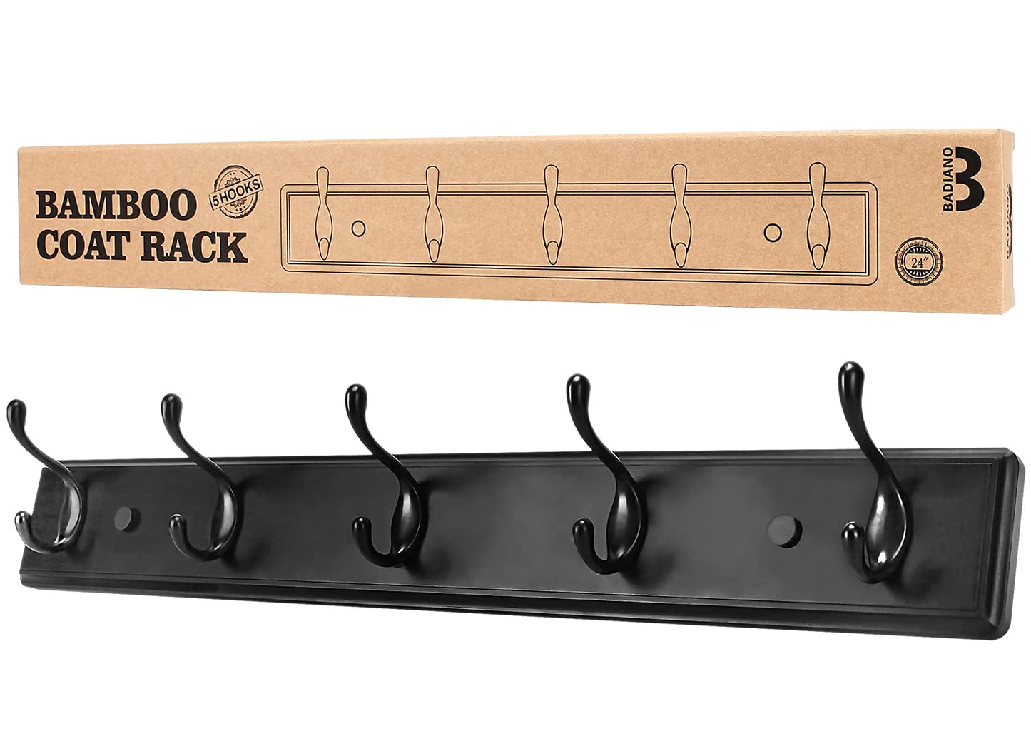 Badiano Wooden Coat Rack, Wall-Mounted Organizer for Closet, Entryway, Hallway, Foyer, Bedroom, Heavy Duty Double Hooks for Hanging Towels, Bags, Hats, Jackets, Key (Black, 5 Hooks)