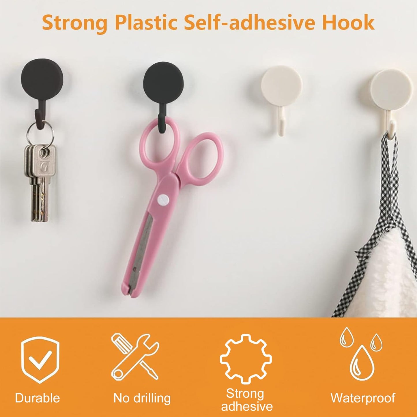 MOROBOR Self Adhesive Hooks, 60pcs Heavy Duty Plastic Hooks Wall Key Hook Holders Stocking Holder for Home Kitchen Bathroom Office Door (Black)