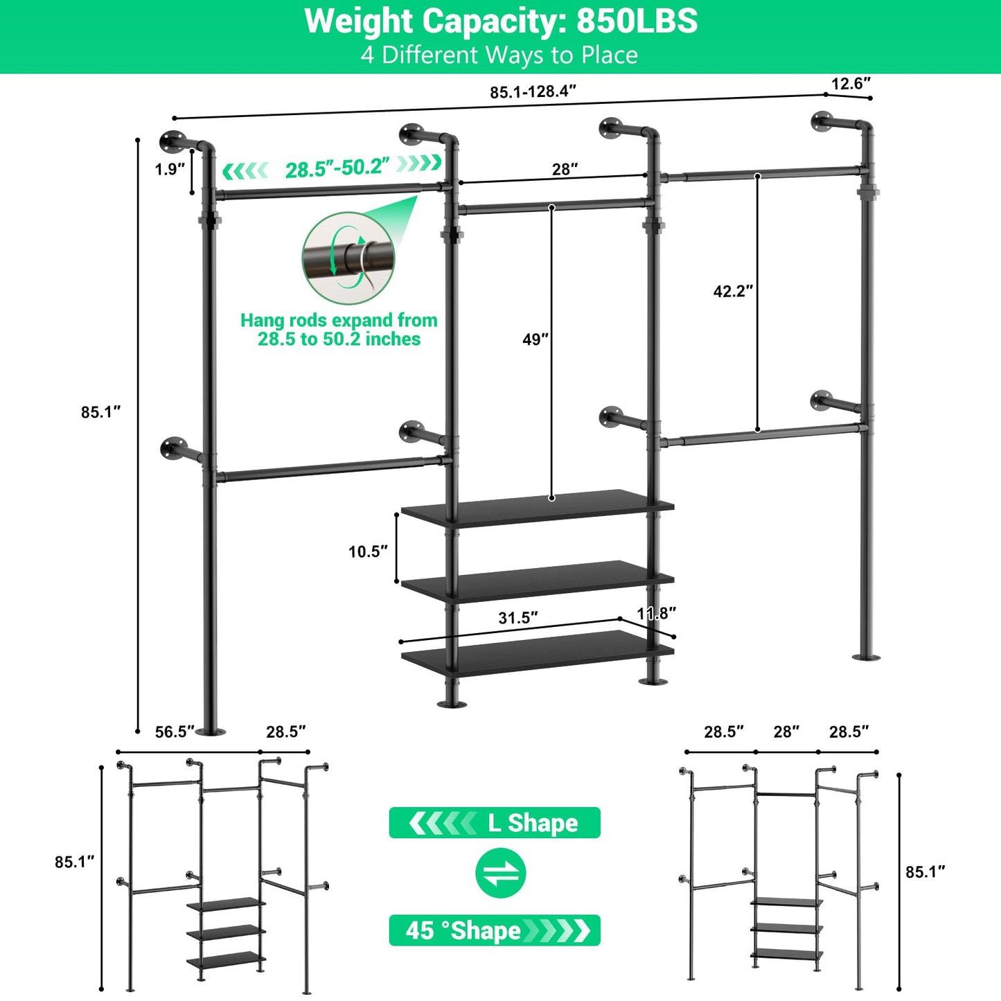 Aheaplus Expandable Industrial Corner Pipe Clothing Rack, 7.3-10.9Ft Reversible Wall Mounted Closet System, L Shaped Clothes Rack for Hanging Clothes, Heavy Duty Closet Wardrobe Garment Rack, Black