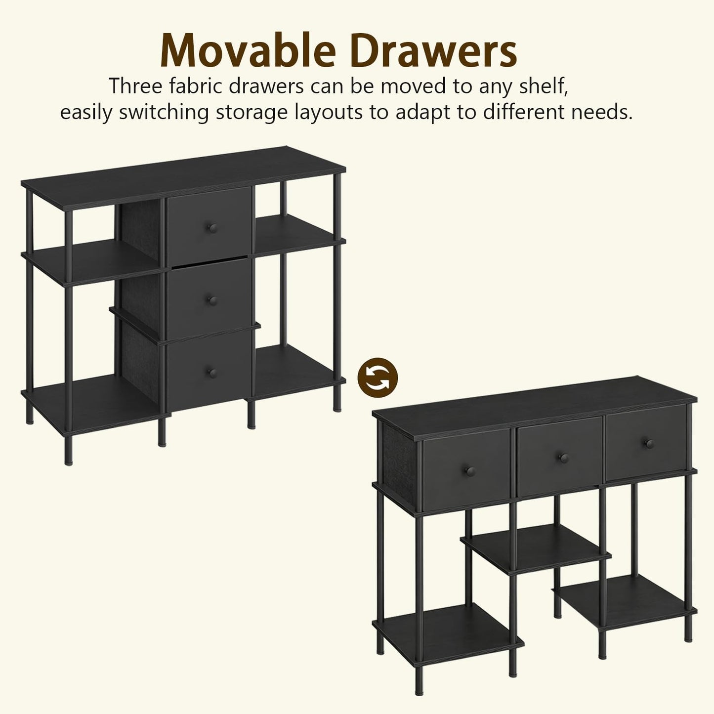 YATINEY TV Stand with 3 Fabric Drawers, Tall TV Stand, 3-Tier Media Console Table with Wooden Shelves, Entertainment Center, for Bedroom, Living Room, Home Office, Black DS15BB