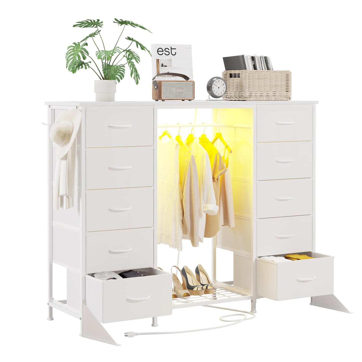 LUMTOK 55" W 2-in-1 Dresser with Hanging Rack, 10 Drawers Dresser for Bedroom, White Drawer Dressers with LED Lights, Charging Station and Hanging Racks for Bedroom
