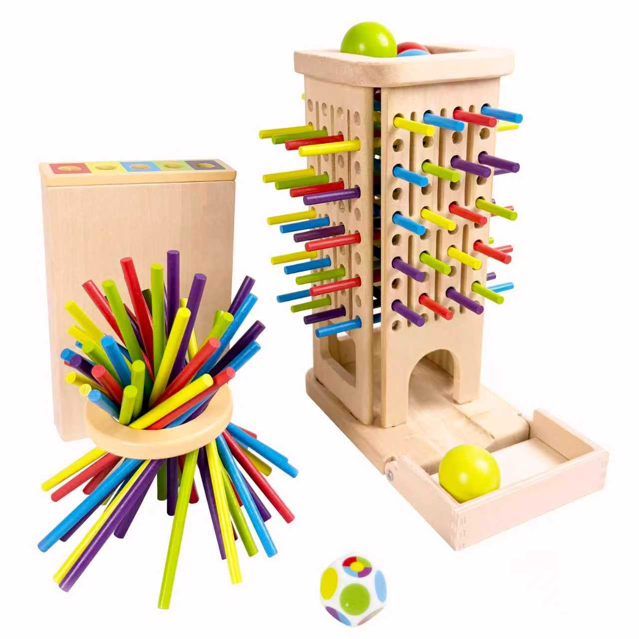 twivah 4-in-1 Board Game for Kids, Wooden Sorting & Stacking|Pick-up Sticks|Counting|Ball Drop Tower, Family Games for Kid and Adult, Montessori STEM Learning Toy for 3 4 5 6 7 8 Year Old Boy Girl