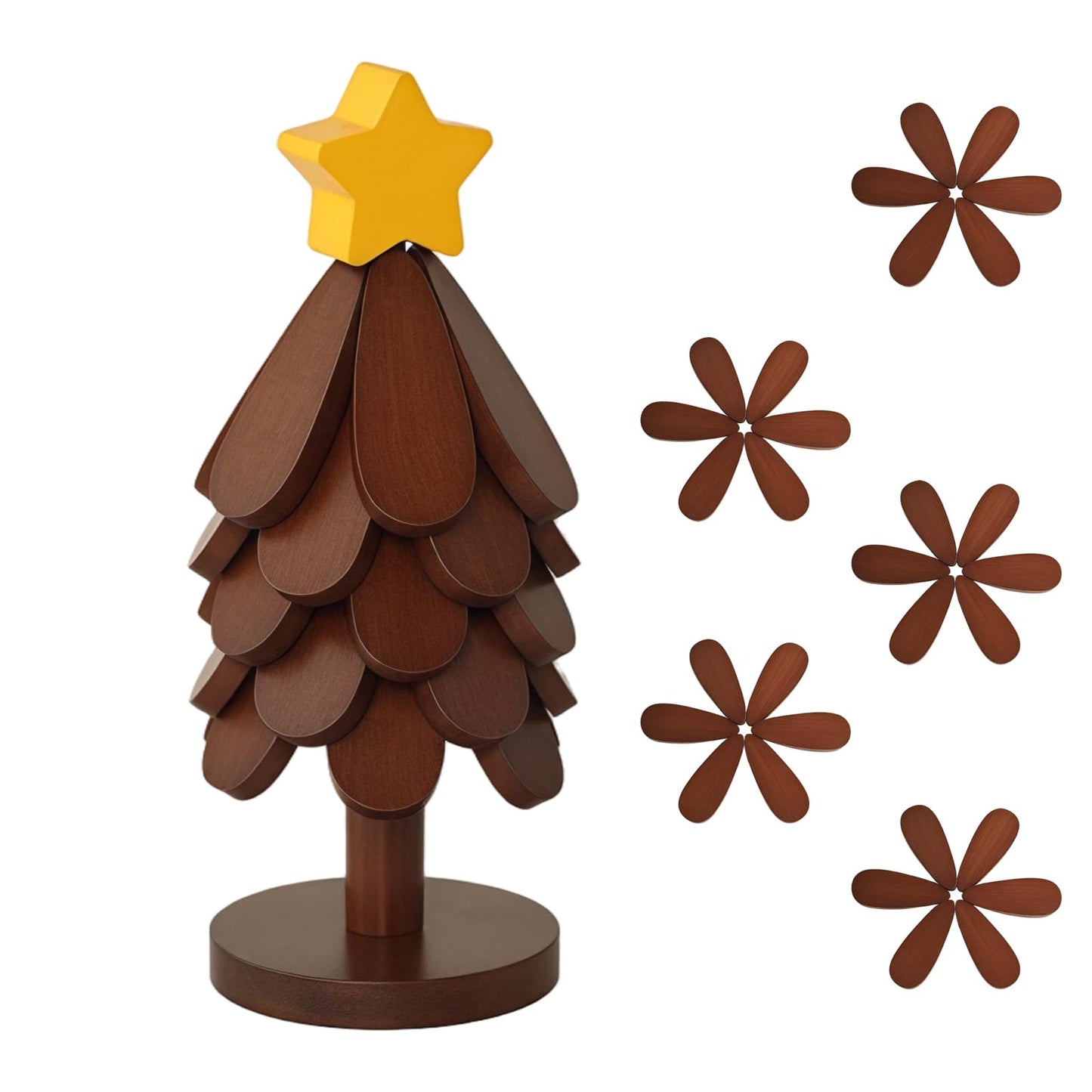 Lwuey Christmas Wooden Tree Trivet Set - 5 Foldable Heat-Resistant Trivets + 1 Stand for Hot Dishes, Pot, Bowl, Teapot, Hot Pot Holders(Walnut)