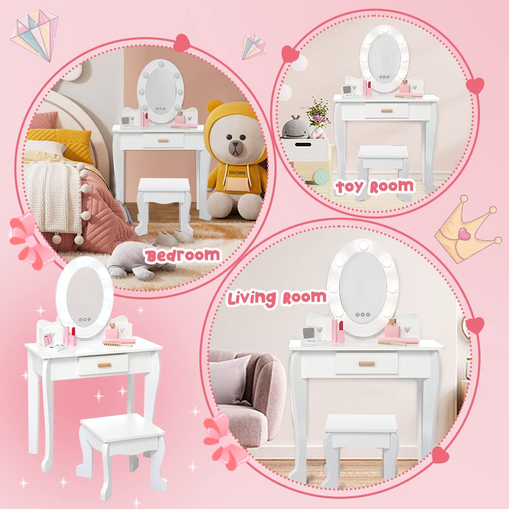 Garvee Kids Vanity Set, Pretend Play Girls Vanity Table and Chair Set with Lighted Mirror, Stool, and Wood Makeup Playset, White