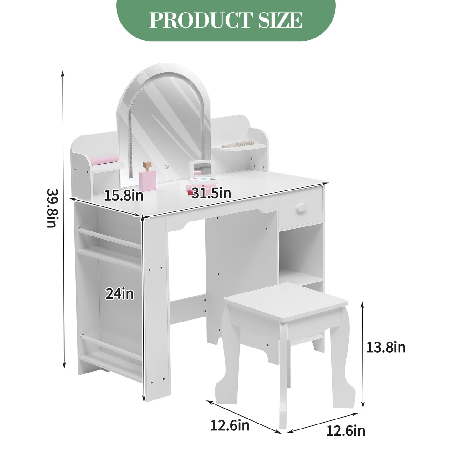 GarveeLife Kids Vanity with Lighted Mirror & Stool, Toddler Vanity Set for Little Girls, Girls Vanity Set with Adjustable LED Light & Bookshelf, Wooden Makeup Playset, (White Ages 3-9)