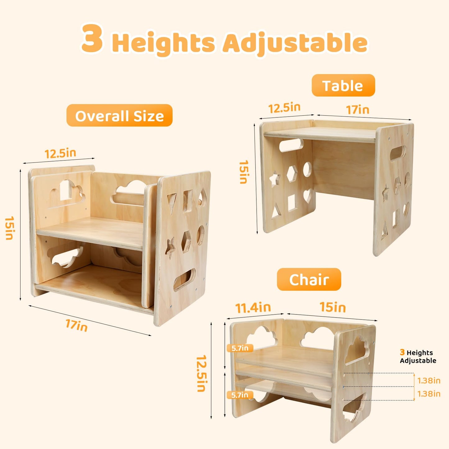 Satisure Montessori Weaning Table and Chair Set, Wooden Toddler Table and Chair Set, 1-3 Age Kids Table and Chairs with Blackboard & 3 Heights Adjustable for Eating & Drawing & Reading