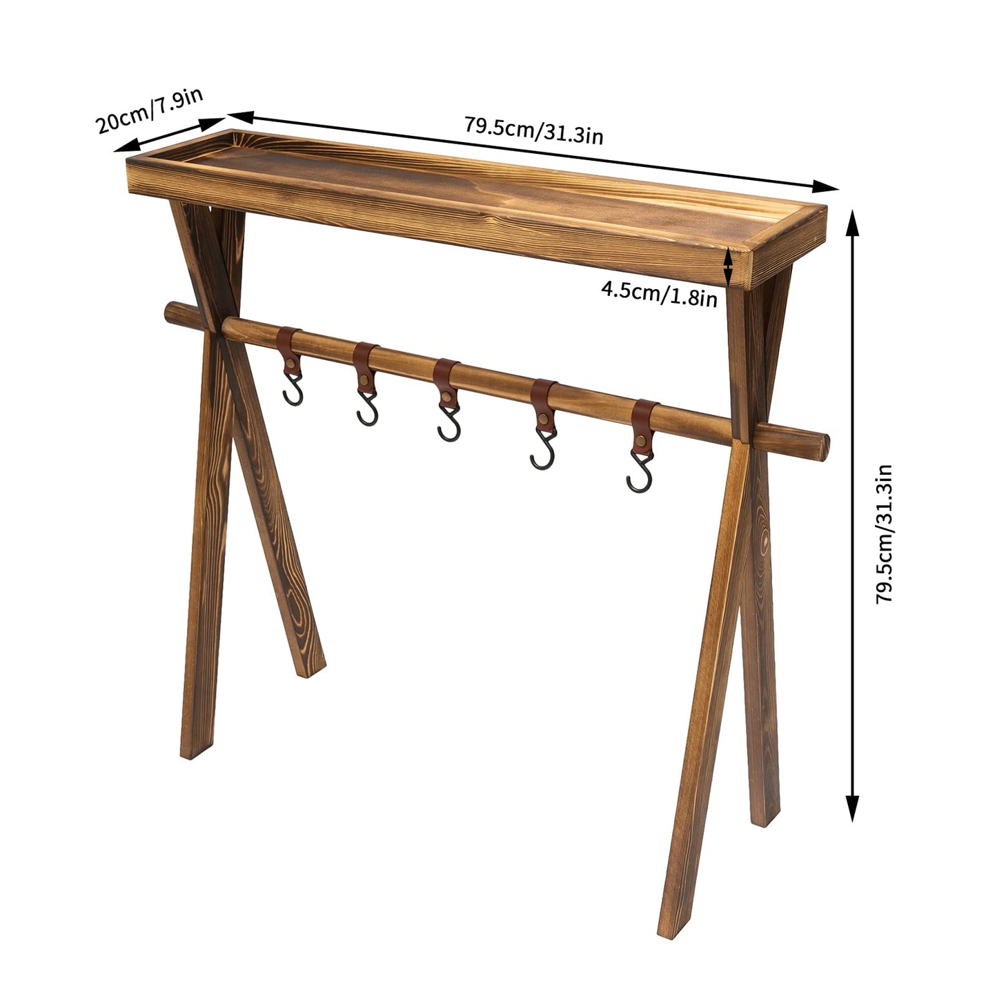 KONGKUNI Portable Wooden Picnic Rack, with hanging hook, Lightweight Wood Outdoor Shelf Foldable Travel Camping Table Rack for Storage,Outdoor Kitchen,RV Picnic,BBQ,Home Storage