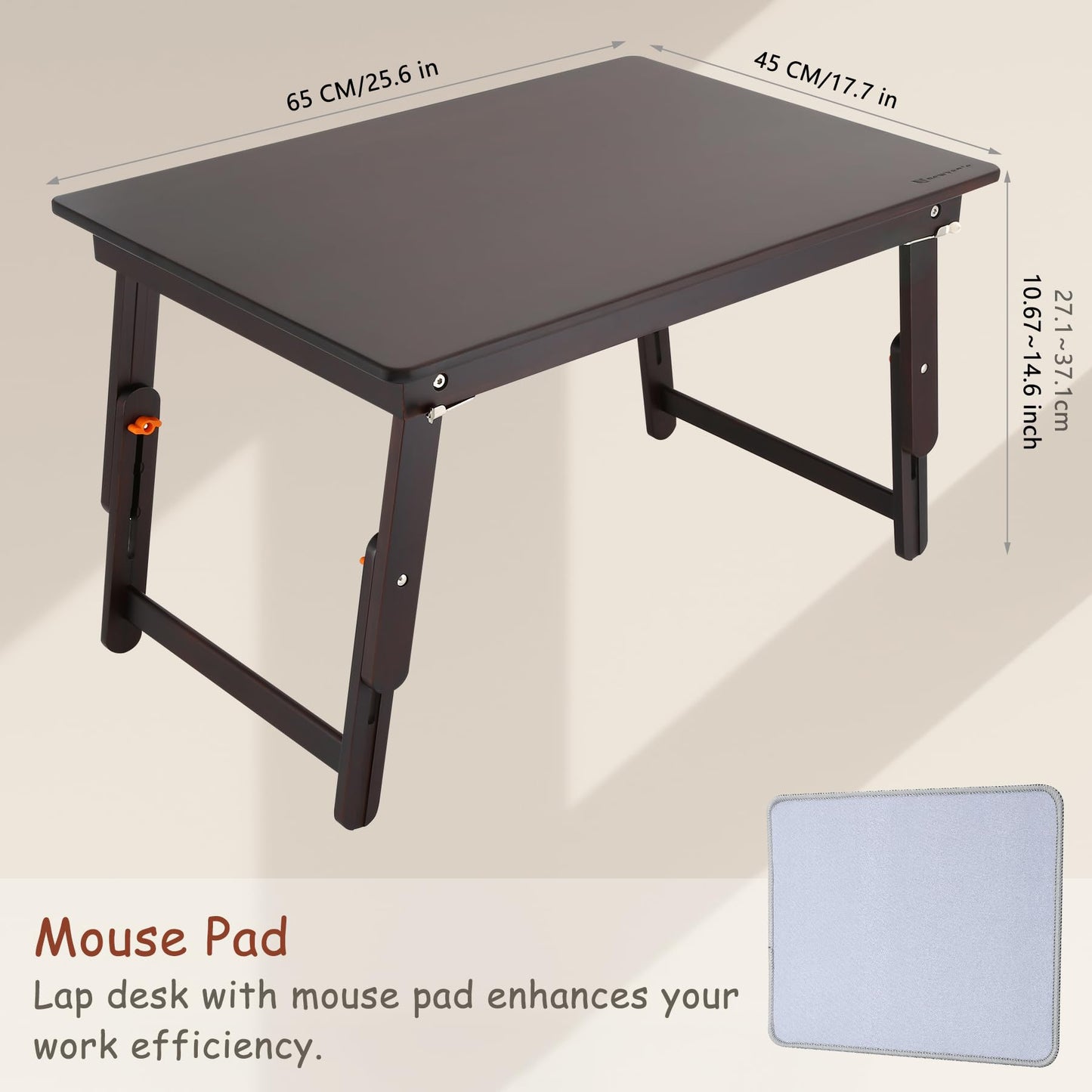 Nnewvante Foldable Laptop Desk, 25.6 Inch Laptop Bed Tray Table with Mouse Pad, Adjustable Floor Table for Writing Eating Gaming, Lap Table for Adults, Kids, Black Walnut