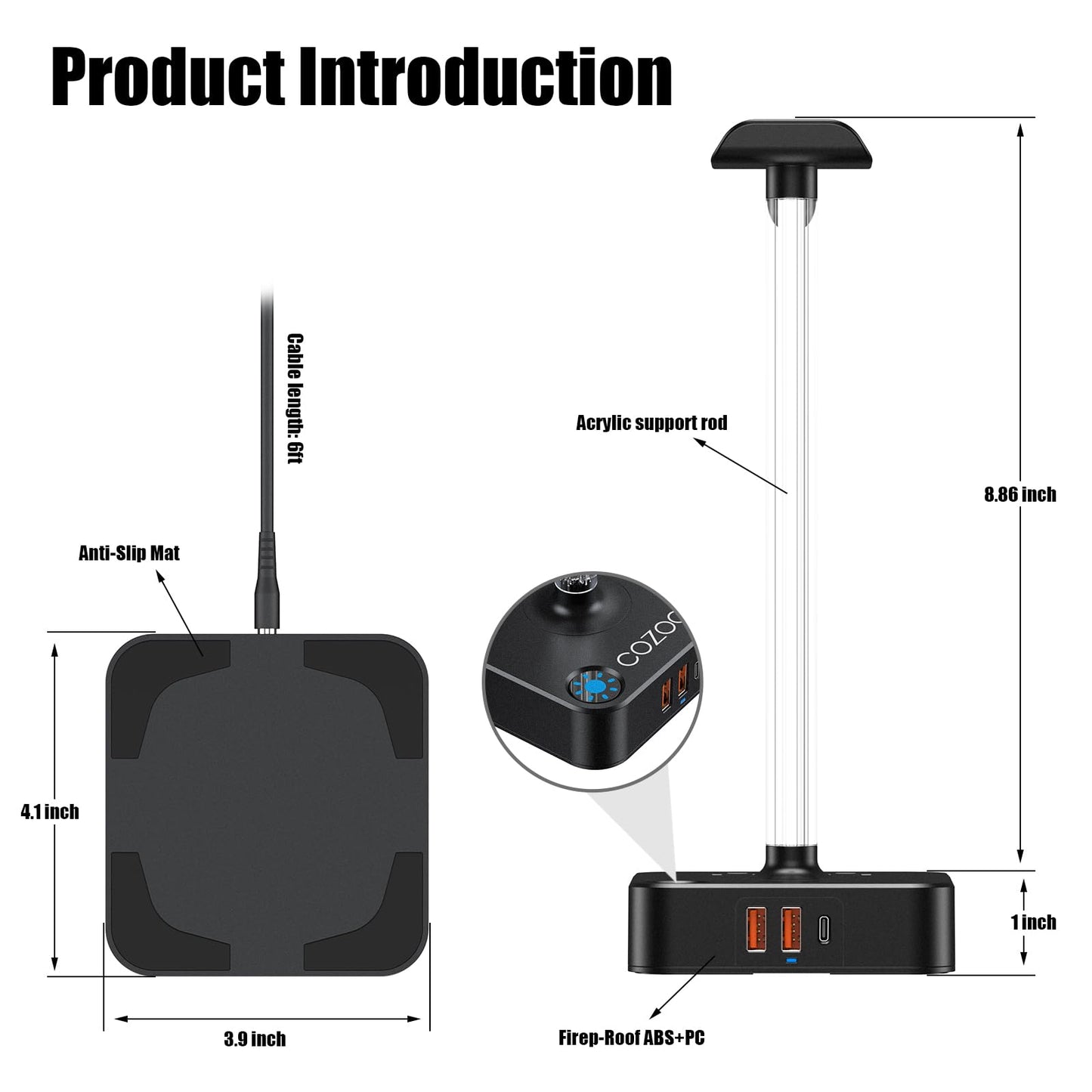 RGB Headphone Stand with USB Charger COZOO Desktop Gaming Headset Holder Hanger with 3 USB Charger and 2 Outlets - Great for Gaming, DJ, Wireless Earphone Display,Gamer PC Accessories Boyfriend Gifts