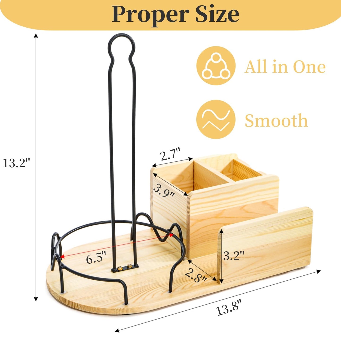 WRINGKIT Wood Paper Towel Stand, Towel Roll Napkin Holder Caddy with 2 Spice Compartments, Papertowel Holder for Kitchen Countertop with Heavy Duty Non-Slip Base, Fits Standard or Jumbo-Sized Rolls