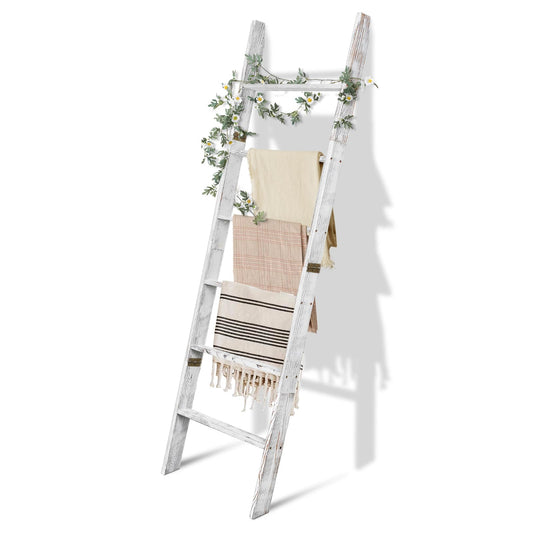 ISLEHOP 6-Tier Blanket Ladder Wooden,100% Pine,Towel Holder Rack with Anti-Slip Construction,Home Decor,Easy Assembly (Vintage White)