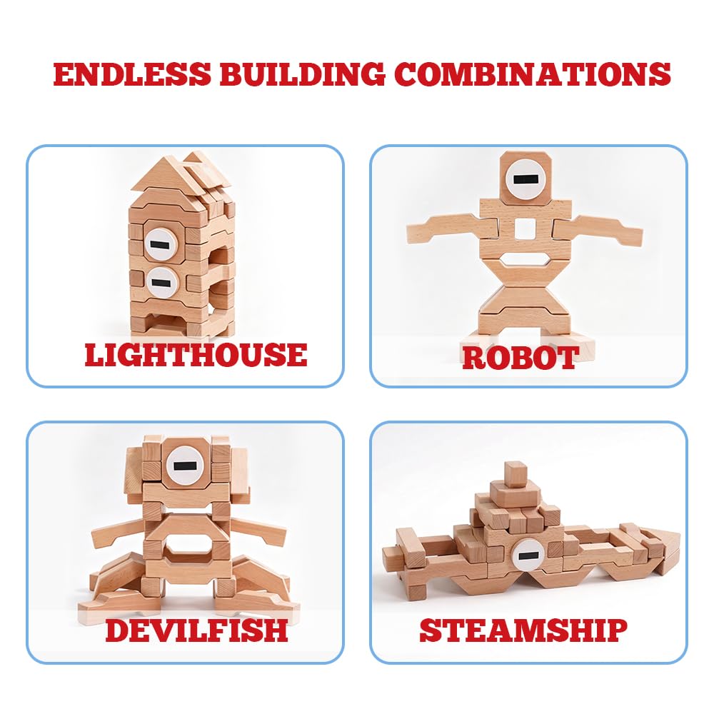 Sing2sky 31 Beech Wood Stacking Building Blocks for Kids Montessori Open-Ended Toys Wooden Shaped Stacking Puzzle, Gift Toy for Toddlers, Compatible with Wooden Blocks, Storage Bag - Natural 4.4IN