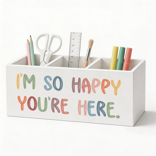 Hedfnciof Colorful Classroom Pen Holder Organizer Desk Decor, Boho I'm So Happy You're Here Wooden Pen Pencil Holders for Classroom Kids Room Nursery Playroom Homeschool Desk Accessories