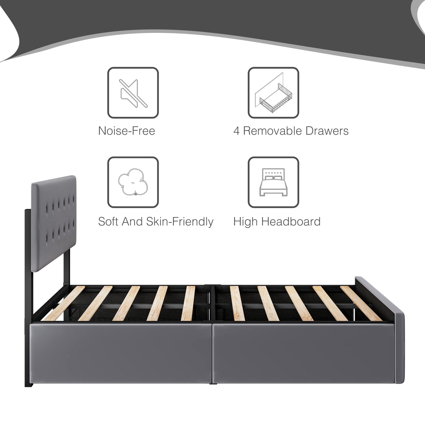 GAOMON Queen Bed Frame with 4 Storage Drawers and Adjustable Headboard, Grey Bed Frame Queen Size Platform Bed Frame with Large Storage and Wooden Slats Support, No Box Spring Needed, Noise-Free