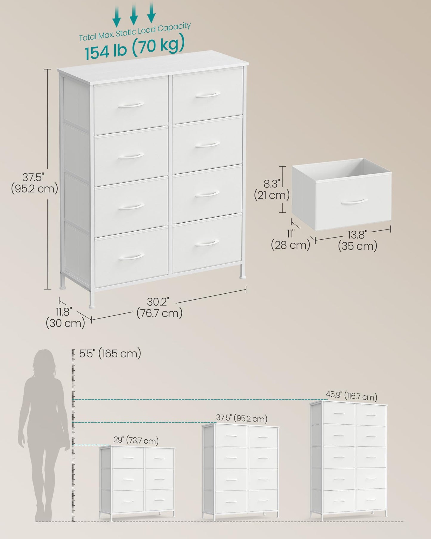 SONGMICS BELLAH Collection - Dresser for Bedroom, Chest of Drawers, Storage Organizer Unit, Closet, Entryway, Steel, 8 Drawers, Modern, Cloud White and Snow White ULGS124W01S