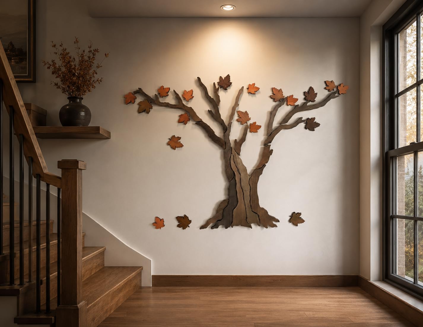 Handcrafted Wooden Maple Tree Wall Art - Large Rustic Tree Sculpture with Falling Leaves for Living Room, Above Sofa, Bedroom & Yoga Room, 59" x 39"