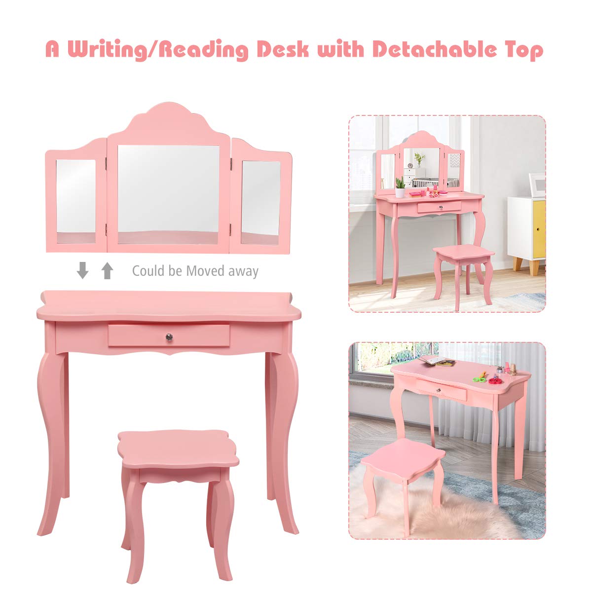 Costzon Kids Wooden Vanity Table & Stool Set, 2 in 1 Detachable Design with Dressing Table and Writing Desk, Princess Makeup Dressing Table with Two 180° Folding Mirror, for Girls, Kids (Pink)