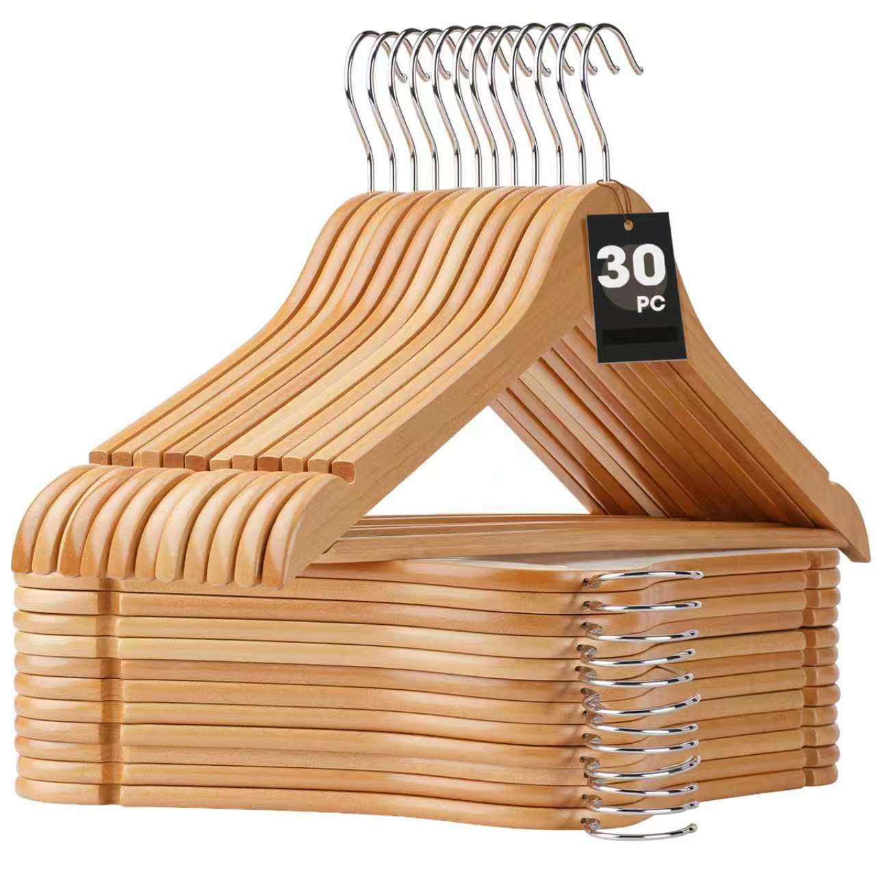 Korpai 30 Pack Wooden Hangers,Wooden Clothes Hangers with Smooth Pant Bar and Shoulder Notches,Heavy Duty Hangers with 360-Degree Rotatable Hook, Coat Hangers for Coats,Shirts,Dress,Pants,Natural
