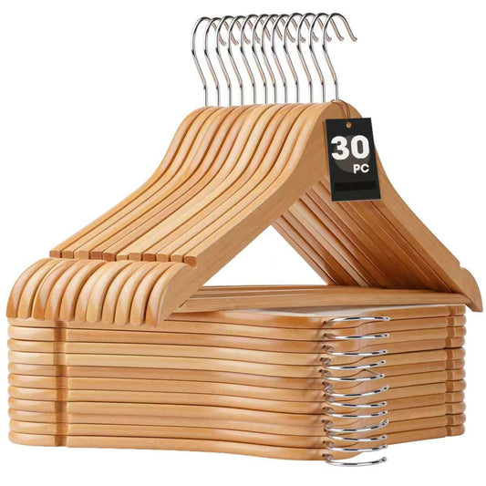 Korpai 30 Pack Wooden Hangers,Wooden Clothes Hangers with Smooth Pant Bar and Shoulder Notches,Heavy Duty Hangers with 360-Degree Rotatable Hook, Coat Hangers for Coats,Shirts,Dress,Pants,Natural