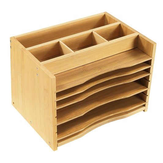 WKWKER 5-Tiers Bamboo File Organizer Paper Organizer Mail Sorter Document Letter Trays Desk Organizer with 4 Dividers for Office Home Study Desk Storage (Natural Color)
