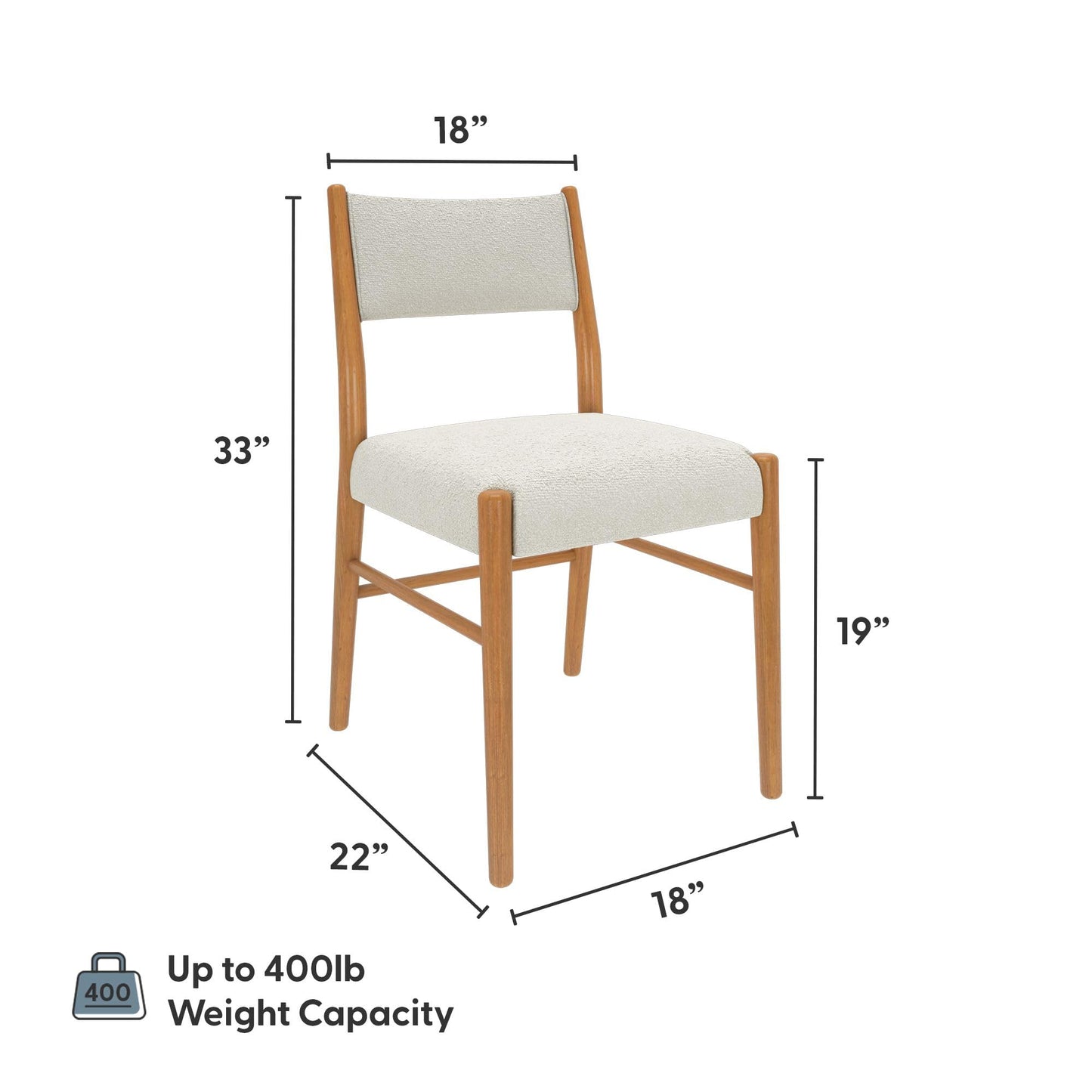 Plank+Beam Brio Dining Chair (2-Pack) - Upholstered Bouclé Seat, Solid Rubberwood Frame, Low-VOC Finish, Easy Assembly, Pecan/Ivory