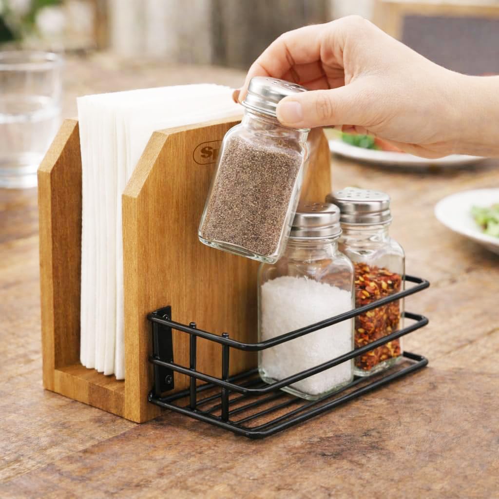 SPREWARE Acacia Wood Napkin Holder with 3 Salt & Pepper Shakers, Rustic Tabletop Napkin and Condiment Caddy, EVA Anti‑Slip Base, Holds 80 Standard Napkins – Grateful Thankful Blessed Design