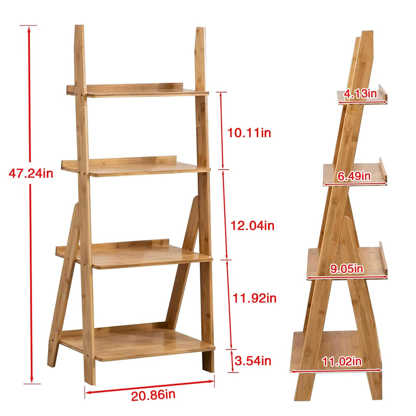 Maydear Bamboo Ladder Shelf Bookcase, 4-Tier Leaning Bookshelf Free Standing Organizer Storage Shelves for Living Room, Bedroom, Kitchen, Home Office, Balcony, Wood Color