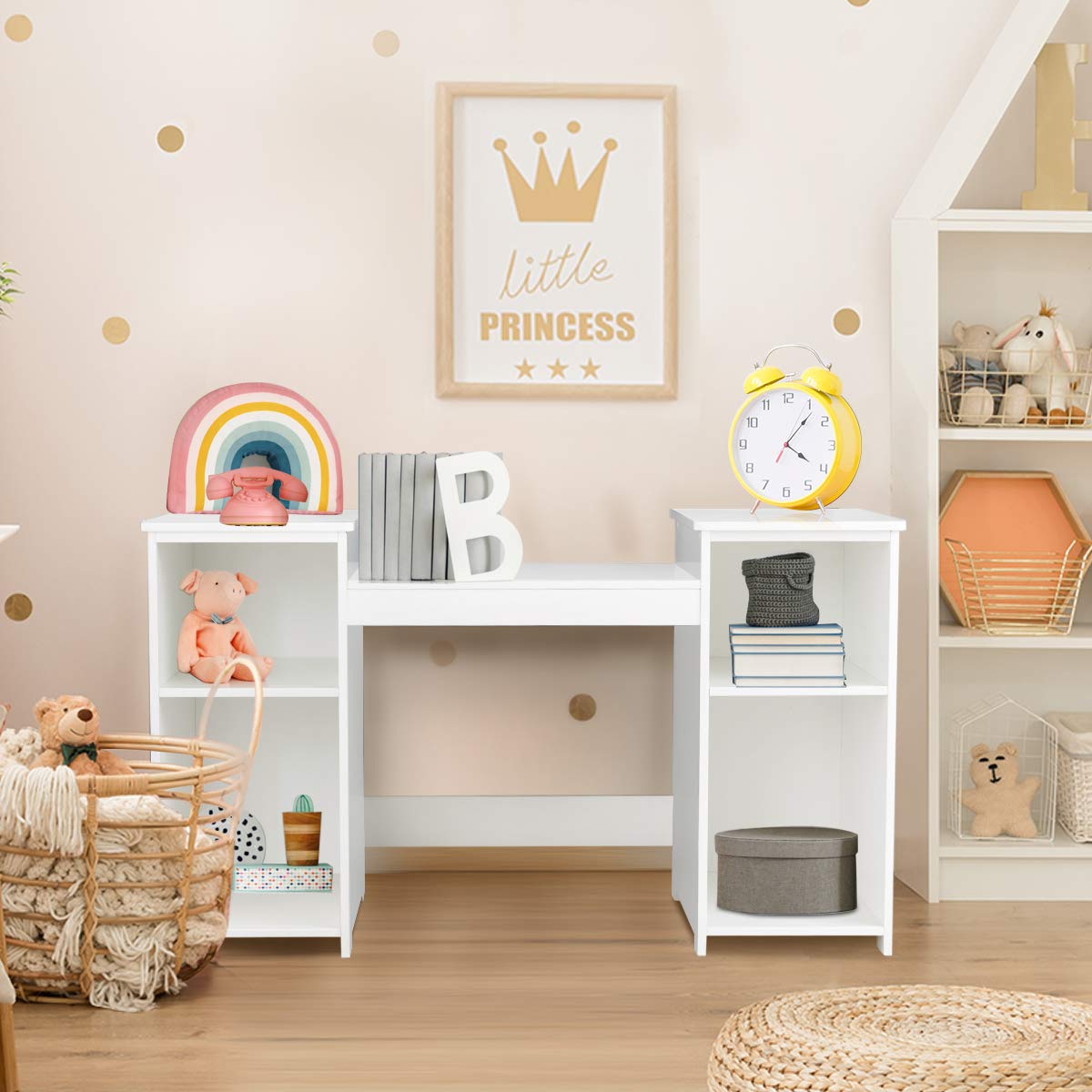 HONEY JOY Kids Vanity, Little Girls Vanity Set with Tri-Folding Mirror, Wooden Princess Makeup Dressing Table, Toddler Vanity, Pretend Play Kids Vanity Table and Chair Set (White)