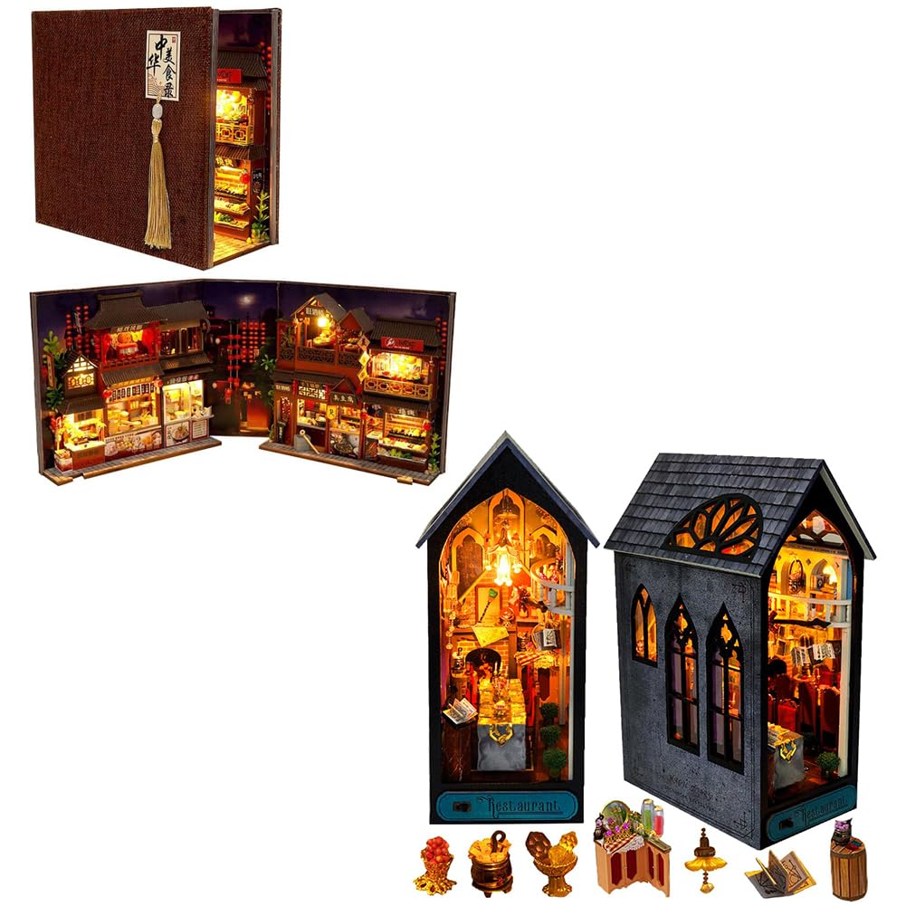 DIY Food Court Miniature Book Nook Kit 3D Model Wooden Dollhouse Booknook Craft Kits Room Decor, Miniature Model House for Adult and Teens, Gifts for Family and Friends