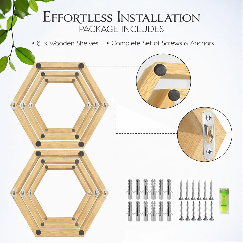 Decovate Hexagon Floating Shelves Set of 6 Honeycomb Shelves for Wall, Wooden Hexagon Shelves for Farmhouse Storage. (Natural Wood)