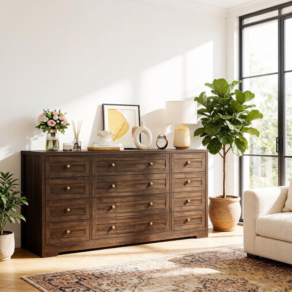 Garvee 12 Drawer Wooden Dressers for Bedroom, Brown Dresser for Adult Bedroom, Modern Wood Chest of Drawers for Living Room, Closet, Entryway, Hallway, Farmhouse Wide TV Stand for 65 Inch TV