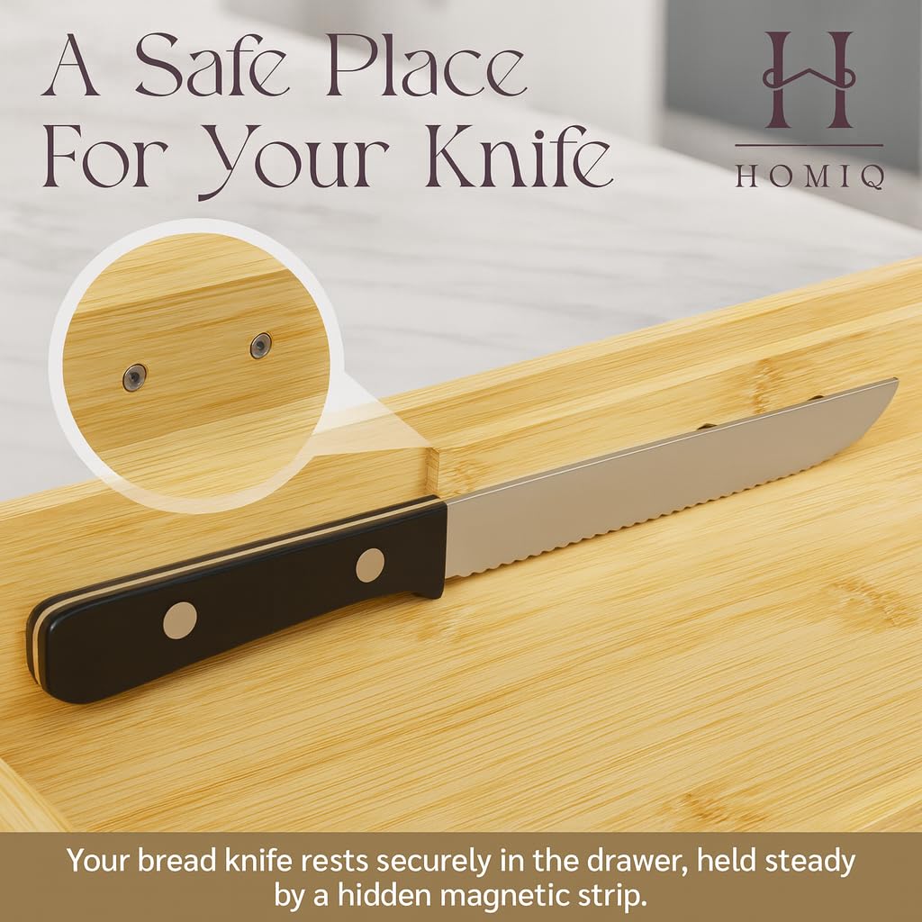 HOMIQ Bread Box for Kitchen Countertop - Bamboo Wood Breadbox with Knife Storage, Ventilation Holes - Farmhouse Loaf Organizer, Versatile 2 Layer Bread Storage Container for Snacks Mugs Spices